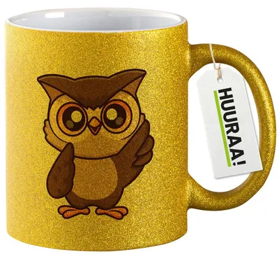 Produktbild von Huuraa Glitzertasse Eule Comic 330ml Gold Keramik Kaffeebecher Geschenkidee