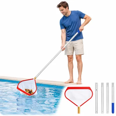 Produktbild von Poolkescher mit Teleskopstange 142cm, feinmaschiger Laubkescher für Pool und Teich, Pool Reinigungsset mit Aluminiumstange für Schwimmbad