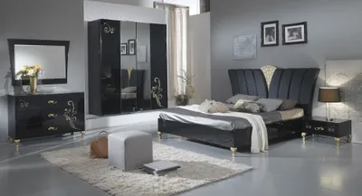 Produktbild von Schlafzimmer-Set Soffi 6-Teilig in Schwarz/Gold Hochglanz 2-Türig - 180 x 200 cm