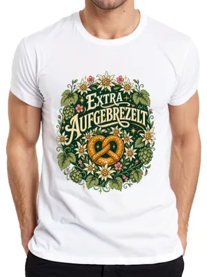 Imagen del producto de Camiseta para hombre, blanca, talla XL, con motivos de : pretzel, edelweiss, lederhosen (pantalones de cuero bávaros) y dirndl (vestido tradicional bávaro)