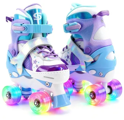 Immagine prodotto di Suotu Pattini in linea blu – Pattini in linea per bambini con misura regolabile in 4 direzioni e ruote a LED | Pattini a rotelle per bambini con cusci