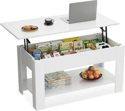 Produktbild von Höhenverstellbarer Couchtisch mit Ablage, Wohnzimmertisch Rechteckig mit Offener und versteckter Stauraum, Kaffeetisch für Wohnzimmer, Schlafzimmer (Industriell, Weiß)
