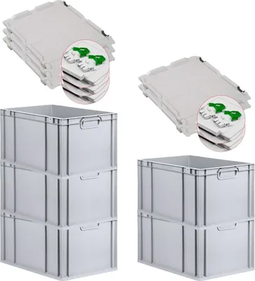 Produktbild von SuperSparSet 5x Eurobox NextGen Grip mit Scharnierdeckel und grünen Schiebeschnappverschlüssen | HxBxT 32x40x60cm | 65 Liter | Grau | Griffe geschlossen | Verstärkter Boden | Eurobehälter, Transportbox, Transportbehälter, Stapelbehälter