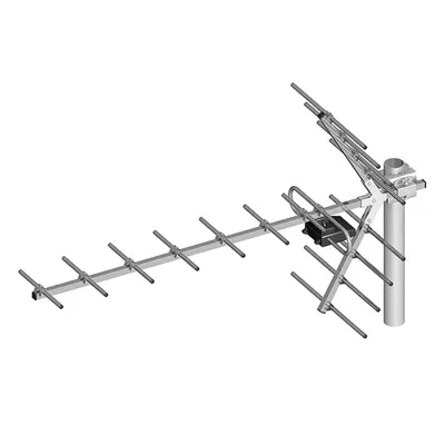 A digital rendering of a Yagi antenna mounted on a pole against a white background.