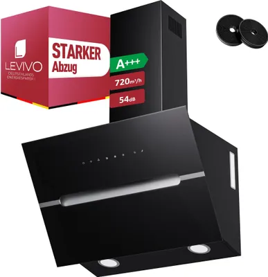 A black kitchen range hood is shown with marketing graphics and accessories.