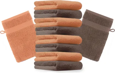 Produktbild von Betz 10 Stück Waschhandschuhe 16x21 cm PREMIUM 100% Baumwolle  Farbe: orange und nussbraun
