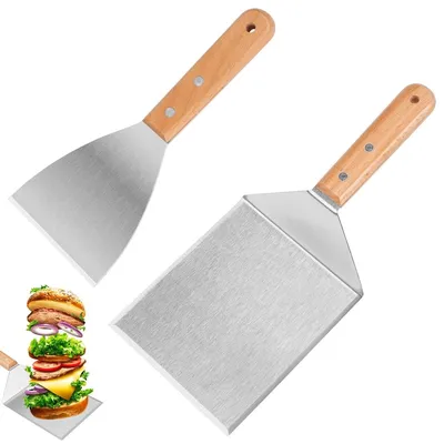 Produktbild von Grillspatel Plancha-Spatel Grillwender - Edelstahl - Holzgriff - 2 Stück - Für Plancha und Grillplatte