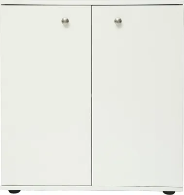 A white cabinet with two doors and two silver handles.