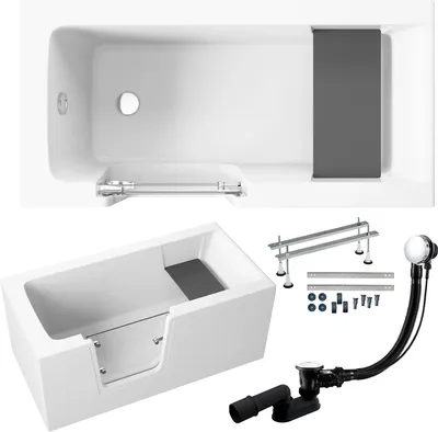 Produktbild von Badewanne Rechteck Set 6in1 140x70 Links mit AcrylSchürze, Seniorenbadewanne + Glastür und Holzsitz, Premium Ablaufgarnitur und Füßen | BADLAND VOVO