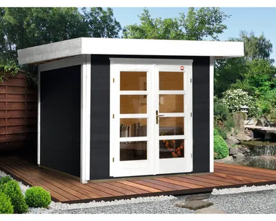 Produktbild von WEKA 126.3024.46000 Gartenhaus/Blockbohlenhaus Chill-Out 1 /Doppeltür/ ; Größe: 2 ; Farbgebung: Anthrazit ; Wandstärke: 28 mm ; Maße (LxBxH): 295 cm x 290 cm x 226 cm ; Seitenwandhöhe: 217 cm