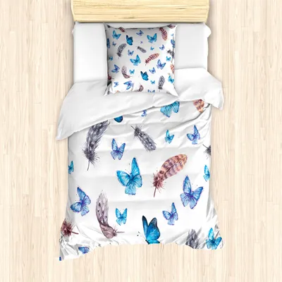 Produktbild von ABAKUHAUS Schmetterling Mantele, Federn und Schmetterling, Milbensicher Allergiker geeignet mit Kissenbezügen, 135 cm x 200 cm - 80 x 80 cm, Blau, Weiß, Grau