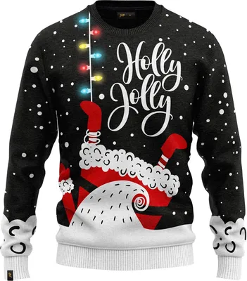 Obrázek produktu pro JAP Christmas Ošklivý vánoční svetr se světýlky Holly jolly - 100% recyklovaný - Uni pro ženy i muže - Černá - Velikost 4XL
