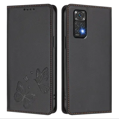 Obrázek produktu pro Kožené pouzdro pro Xiaomi Redmi Note 11S/Note 11 4G, motýlí ražbou, peněženkové flip pouzdro se stojánkem Černá
