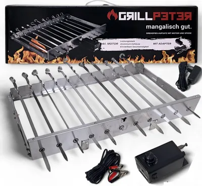 A product shot of a rotisserie spit set with a motor and accessories, displayed on a white background with packaging in the background.