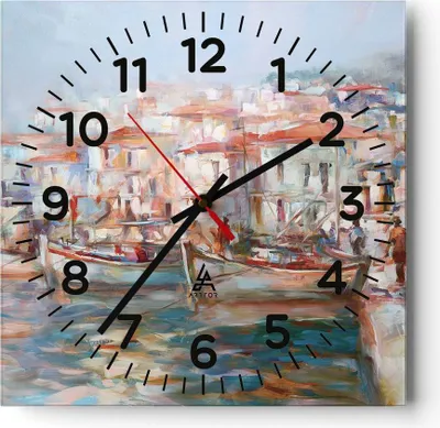 Produktbild von Wanduhr - Quadrat - Glasuhr - Insel Boote Hafen - 30x30cm - Schleichendes Uhrwerk - Lautlos - zum Aufhängen bereit - Dekoration Modern - Wanddekoration aus Glas - C4AC30x30-4852