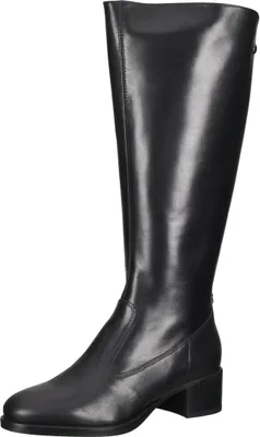 A black leather boot is shown against a white background.