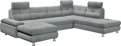 Produktbild von Wohnlandschaft mit Schlaffunktion und frei steckbaren Kopfstützen in Webstoff grau, U-Form mit Bettkasten links, Serie AUGUSTA-09