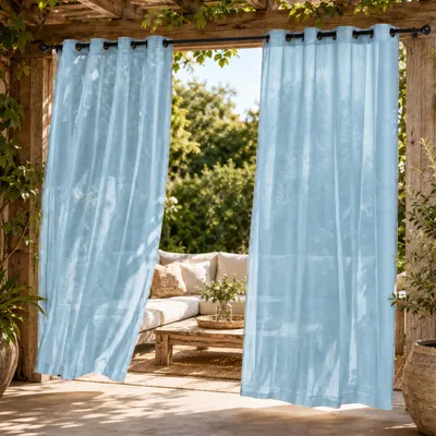 Image de 2 rideaux d'extérieur transparents, hydrofuges, en voile, avec œillets. Rideaux d'extérieur pour terrasse, balcon, pergola, couleur bleue, dimensions : 132 cm de largeur x 244 cm de hauteur