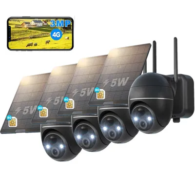 Image de 4 pièces 4G LTE caméra de surveillance extérieure solaire avec carte SIM sans WLAN caméra de surveillance extérieure batterie caméra extérieure 355°/120° orientable
