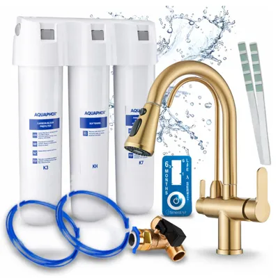 Immagine prodotto di Rubinetto da cucina a tre vie Nordic, in ottone, con doccetta estraibile. Include il sistema di filtraggio dell'acqua Aquaphor Kristall H