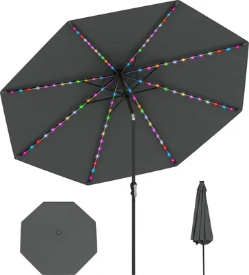Zdjęcie produktu dla Parasol ogrodowy COSTWAY 300 cm z oświetleniem słonecznym LED, 9 trybami oświetlenia i korbką, parasol ogrodowy można złożyć o 35° po obu stronach Szary