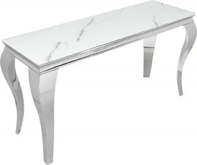 Image de Casa Padrino Console Designer Blanc / Gris / Argent 145 x 50 x H. 75 cm - Table console rectangulaire en acier inoxydable avec verre de sécurité imprimé numériquement en aspect marbre - Meubles baroques modernes