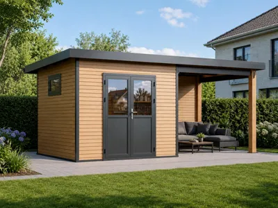 Produktbild von Linholm WPC Gartenhaus Linia 5628 mit Anbaudach und Rückwand, inkl. Dachrinnen-Set, Natur-Beige/Anthrazit