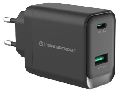 Produktbild von Conceptronic ALTHEA20B45 2-Port 45W GaN USB-PD-Ladegerät, USB-C x 1, USB-A x 1, QC 3.0, PPS, Drinnen, AC, 20 V, Schwarz