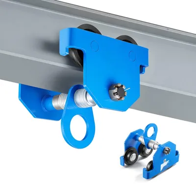 Produktbild von Laufkatze für I-Träger - Manuelles Rollfahrwerk - 3000 kg Tragkraft - Verstellbare Flanschbreite 6,3–20,3 cm - Doppelräder - Kohlenstoffstahl - Für Werkstatt & Lager