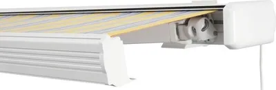 Produktbild von SOLUNA Kassettenmarkise Exquisit 4x3,5 Stoff Dessin 6292 Gestell RAL 9010 reinweiß Antrieb rechts inkl. Motor und Wandsc
