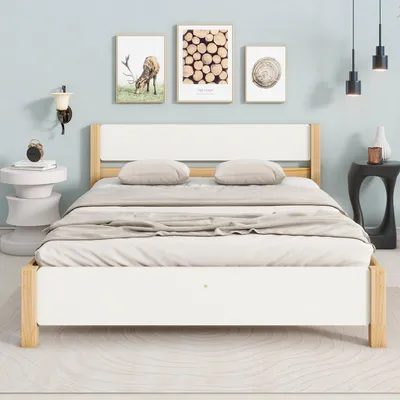 Produktbild von Modernes Kiefernholz-Bett mit 15 Lattenrosten, stabiler Mittelstütze, weißem Kopfteil – ideal für Jugendzimmer & Gästezimmer. 140x200 cm Weiß+Natur