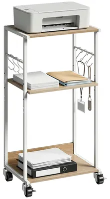 Image de Support pour imprimante sur roulettes - Étagère à imprimante à 3 niveaux - Chariot mobile avec crochets - Structure en bois - 43 x 30 x 82 cm - Bois naturel