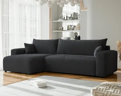 Productafbeelding van Drie-zitsbank met slaapfunctie, model LUNA MAX, bekleed met stof Poso in donkergrijs, met een chaise longue aan de linkerkant