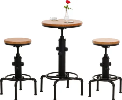 Produktbild von Set Bartisch + 2x Barhocker HWC-N23, Barstuhl Stehtisch höhenverstellbar drehbar Fußablage Industrial Eisen Holz natur