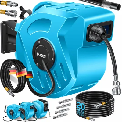 Immagine prodotto di Avvolgituvo automatico per tubi dell'aria compressa MASKO® – Avvolgituvo con attacco da 1/4", avvolgituvo, supporto a parete, maniglia di trasporto, orientabile a 180°, freno per il tubo, premontato e pronto all'uso