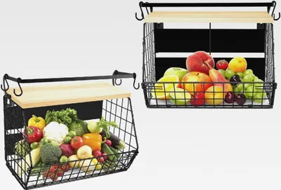 Produktbild von Magnetische Obstkorb Hängend Obstschale & Gewürzregal, Küchen Organizer - Obstkorb Etagere Obst and Gemüse Aufbewahrung, Drahtkorb Mit Deckel,35 x 17 x 29,5 cm (Schwarz + Naturholzfarbe)