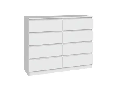 A white dresser with eight drawers against a white background.