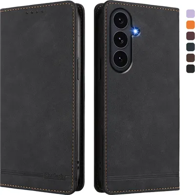 Image de Etui pour Samsung Galaxy S25 FE, étui rétro en cuirPolyuréthaneavec support et fentes pour cartes de crédit Noir