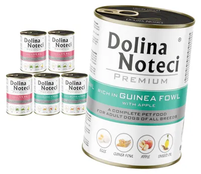 Zdjęcie produktu dla Dolina Noteci Premium 6x400g Bogata w Cielęcinę z Groszkiem i Perliczkę z Jabłkiem Mokra Karma Dla Psa