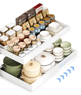 Produktbild von Ausziehbarer Schrankorganizer, Teleskopschublade zur Nachrüstung, kein Bohren oder Nageln erforderlich, verstellbare Breite für Küche, Bad, Wohnzimmer, 32-52x42x7cm (2, weiß)