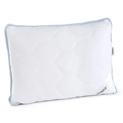 A white pillow with blue trim on a white background.