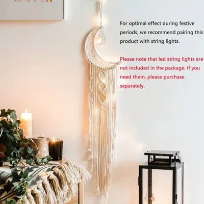 Produktbild von Makramee Wandbehang Böhmischer Mond Traumfänger, handgefertigter Wandteppich Mädchen Boho Traumfänger mit Quasten Heimdekoration für Schlafzimmer Hochzeit Party Ornamente Handwerk Geschenke