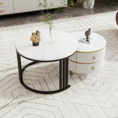 Produktbild von okwish Couchtisch 2-in-1 runder MDF Beistelltisch mit glänzender Platte und 1 weißer Marmorplatte mit schwarzer Metallrahmen, Wohnzimmer-Couchtischkombination mit 2 Schubladen-Weiß
