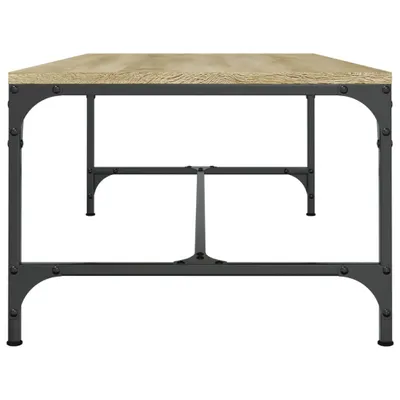 A front view of a coffee table with a wooden top and a dark metal frame.