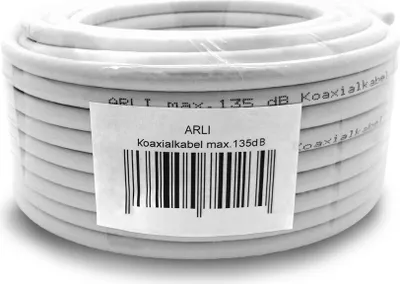 A coiled white coaxial cable is shown, wrapped in plastic, with a label attached.