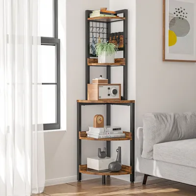 Produktbild von Iropro Eckregal mit 5 Ebenen, Bücherregal, Standregal mit Metallrahmen, Aufbewahrungsregal für Wohnzimmer, Schlafzimmer, Küche, Vintagebraun, Industrie-Design, 40x40x152cm