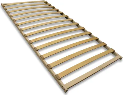 A wooden bed frame slatted base shown from a diagonal angle against a white background.