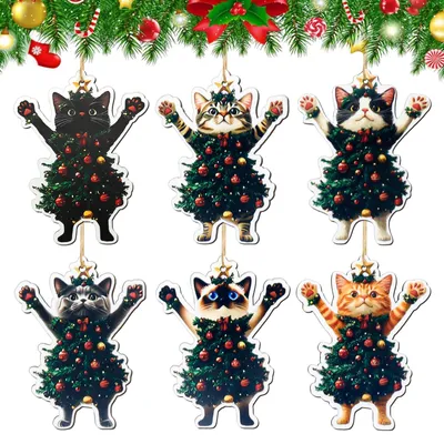 6er-Set Holz-Katzen-Weihnachtsbaumanhänger, bunt