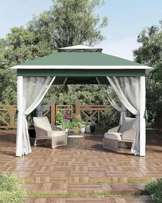 Obrázok produktu pre Pop-up pavilón – skladací pavilón s moskytiérkou – vodotesný a odolný voči UV žiareniu – rýchla montáž – vhodný do záhrady, na terasu a dvor – zelenkasto-béžová farba