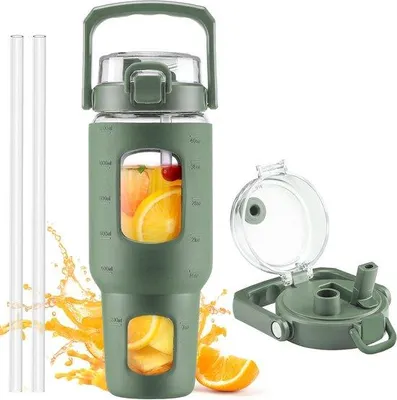 Obrázok produktu pre Olivovo zelený sklenený pohár s objemom 1200 ml s viečkom a slamkou
